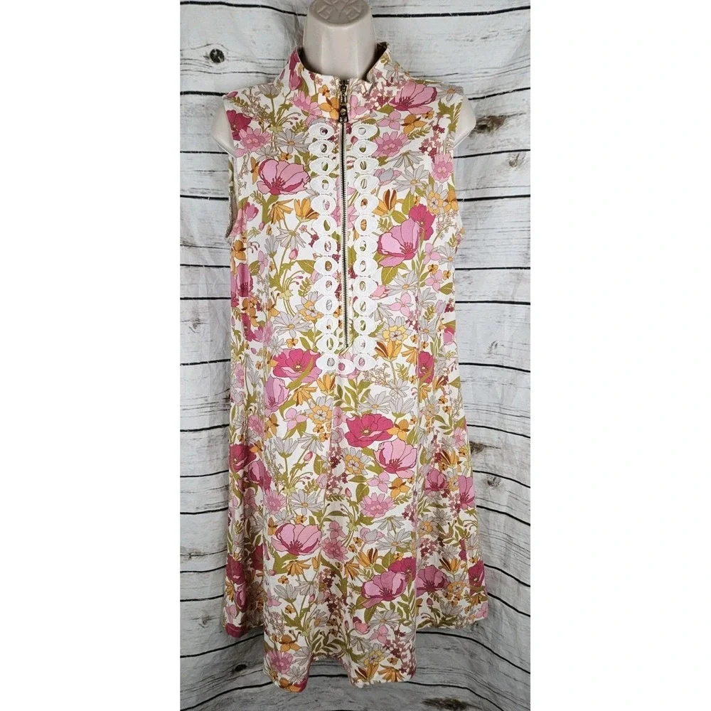 Spartina 449 Floral 1/4 Zip Dress L Sleeveless Crochet Trim Cotton Blend Womens